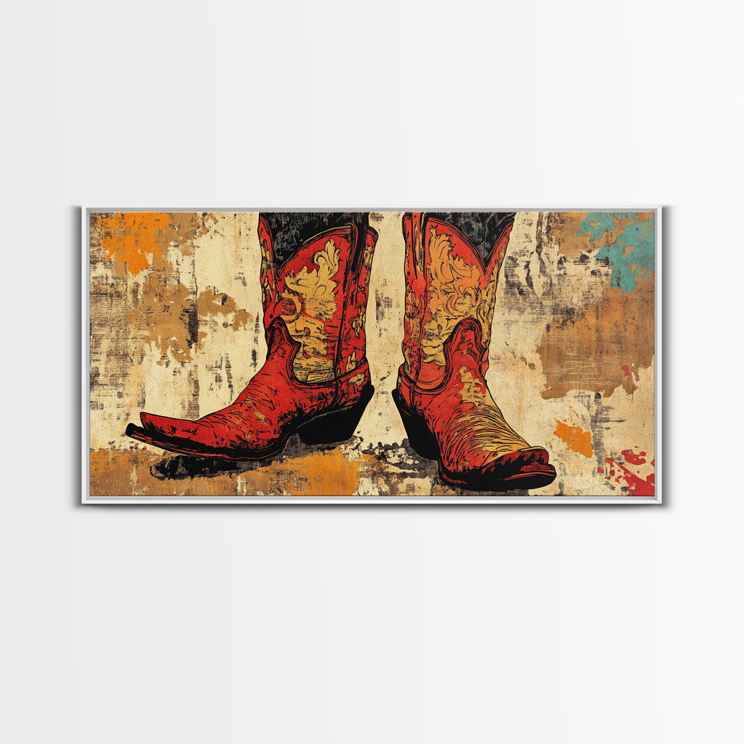 Red Embroidered Cowboy Boots Wall Art, Western Canvas Print, Cowgirl Decor, Rustic Farmhouse Gift, Statement Western Decor