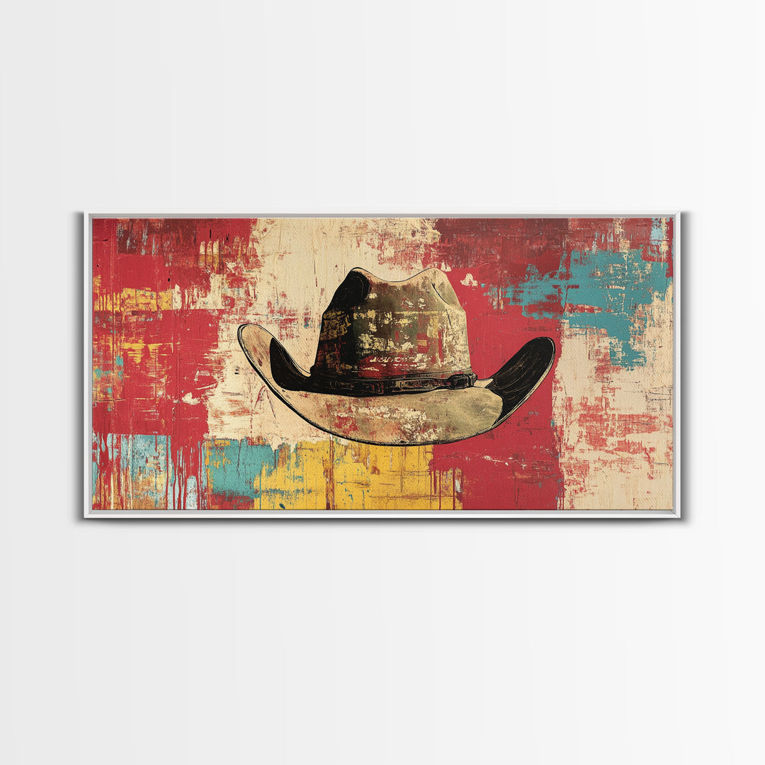 Distressed Cowboy Hat On Red Turquoise Wall Art, Western Canvas Print, Rustic Ranch Decor, Man Cave Gift, Modern Decor Print
