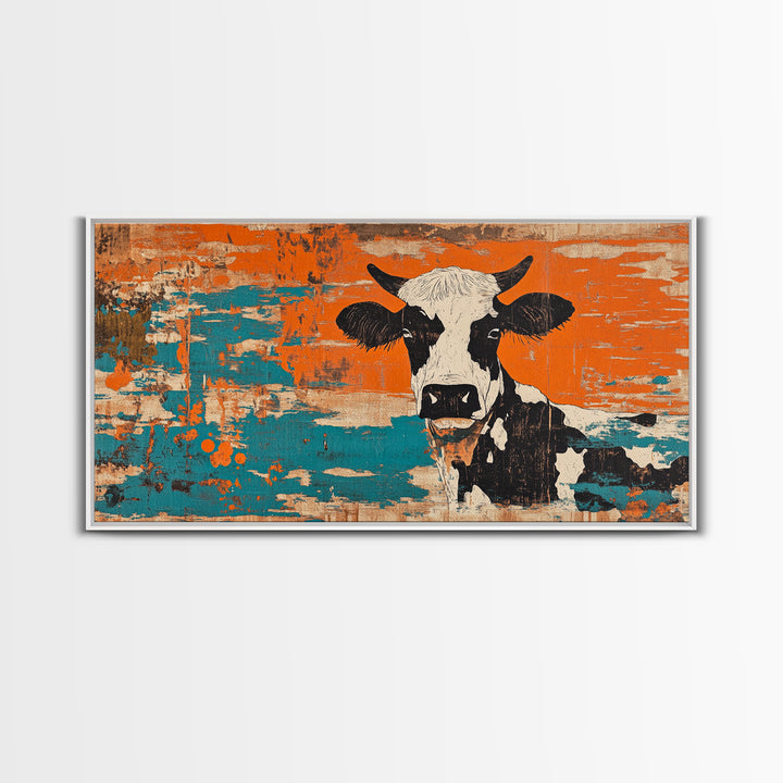 Black And White Cow On Orange Teal Rustic Canvas Print, Farmhouse Wall Art, Kitchen Decor, Country Home Decor Gift For Farmhouse Style