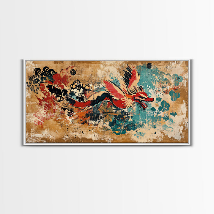 Red Asian Dragon With Teal Grunge Wall Art, Japanese Canvas Print, Fantasy Decor, Vibrant Statement Artwork Gift For Him