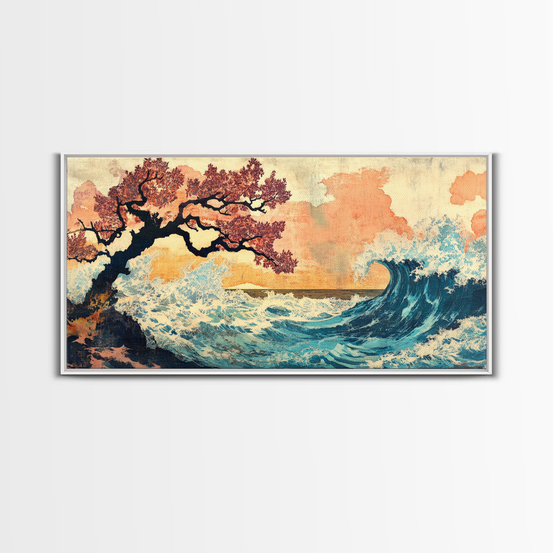 Cherry Blossom Tree And Blue Wave Framed Canvas Print, Japanese Wall Art, Coastal Decor, Serene Bedroom Wall Decor Gifts