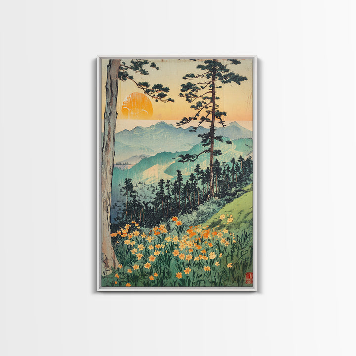 Orange Sun Mountain Forest With Wildflowers Wall Art, Japanese Woodblock Landscape Print, Nature Decor, Living Room Art Print