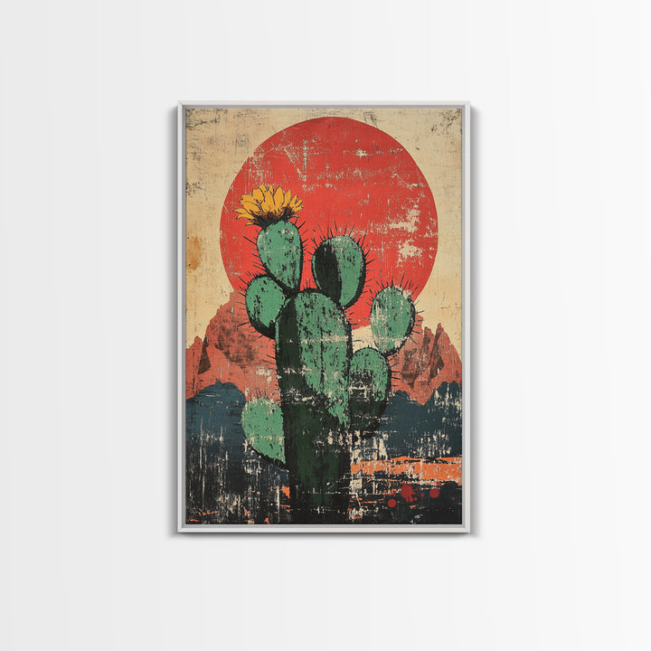 Blooming Prickly Pear Cactus At Red Sun Canvas Print, Southwestern Desert Wall Decor, Boho Western Home Decor, Arizona Art, Rustic Decor