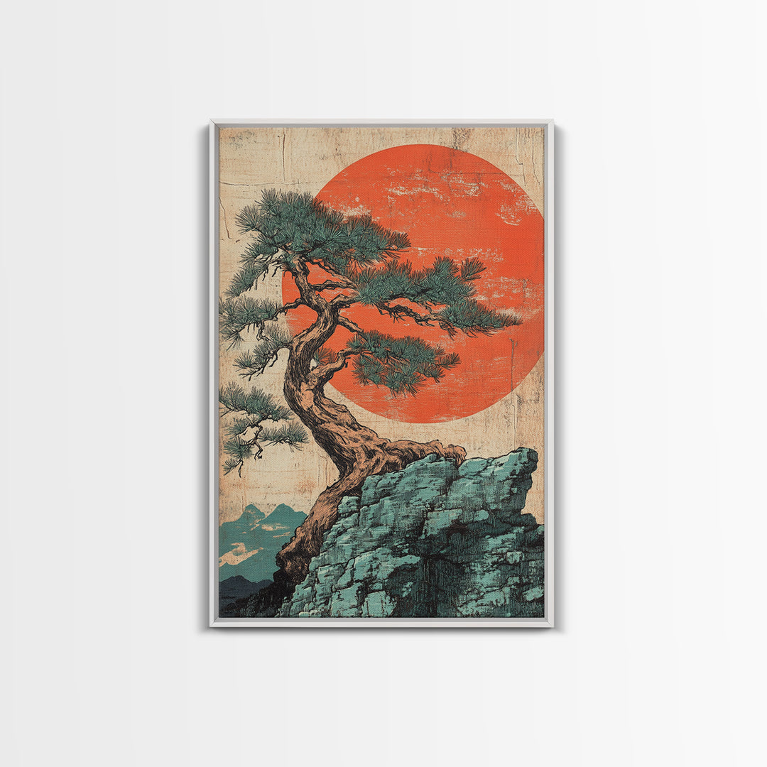 Twisted Pine Tree On Cliff With Red Sun Framed Canvas Print, Japanese Wall Art, Japandi Decor, Zen Landscape Art, Nature Home Decor