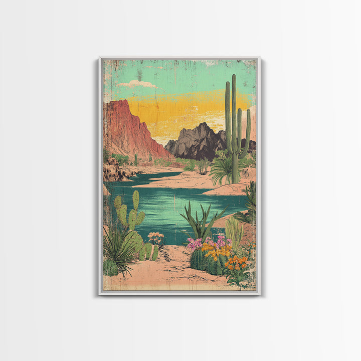 Turquoise Desert River Canyon With Saguaro Cactus Wall Art, Southwestern Landscape Print, Arizona Home Decor, Boho Decor