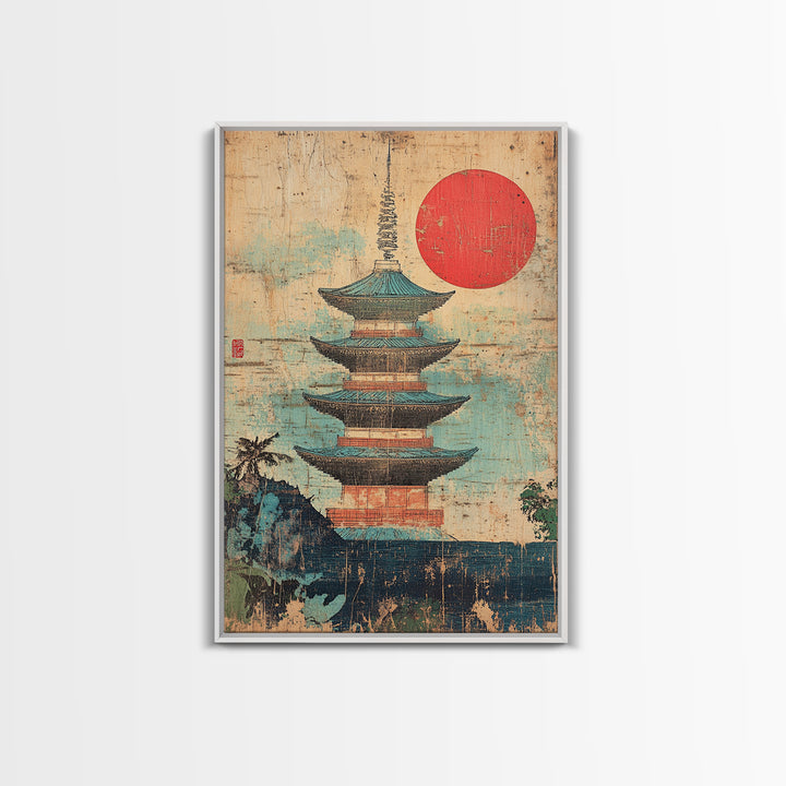 Japanese Pagoda Temple With Red Sun Framed Canvas Print, Asian Wall Art, Japandi Home Decor, Meditation Room Decor, Zen Wall Decor