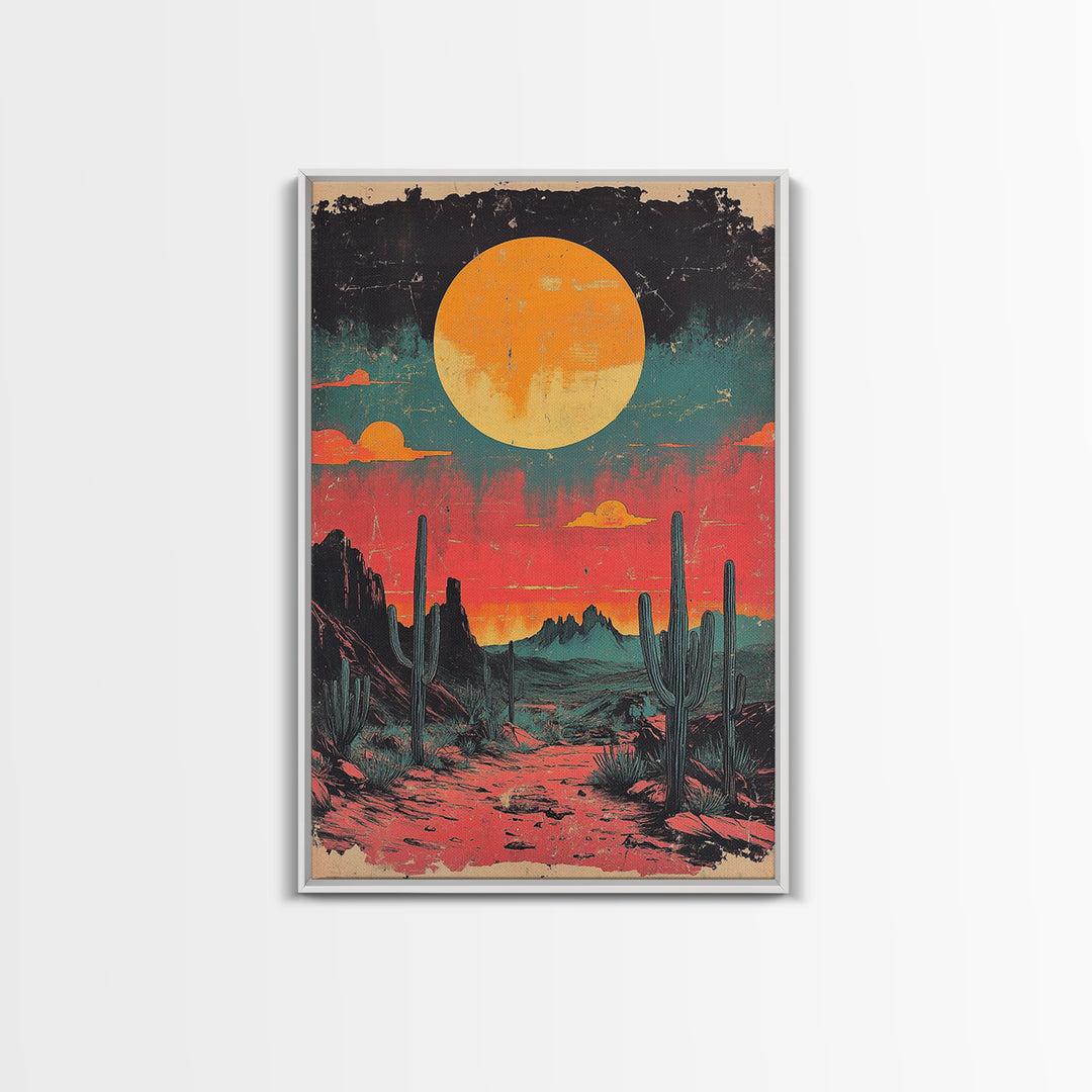 Neon Desert Sunset With Saguaro Cacti Canvas Print, Southwestern Wall Art, Retro Western Decor, Colorful Living Room Art