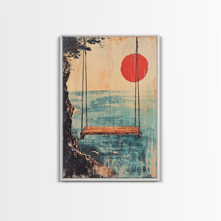 Minimal Japanese Ocean Swing Wall Art, Red Sun Coastal Print, Japandi Wall Decor, Beach House Decor, Calming Canvas Print