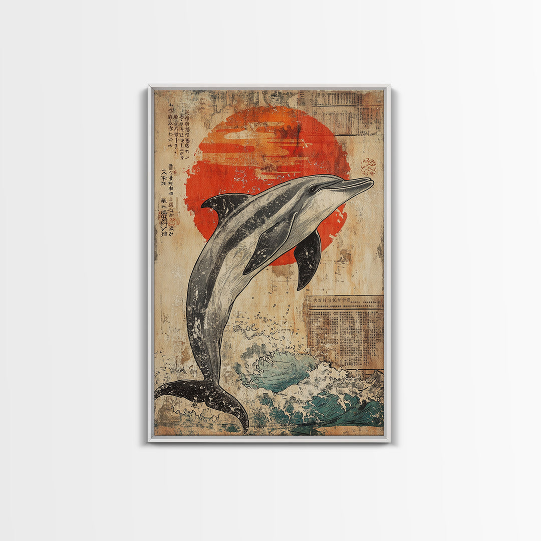 Leaping Dolphin Red Sun Wall Art, Japanese Ocean Print, Nautical Coastal Decor, Sea Life Artwork, Bathroom Canvas Print Gift
