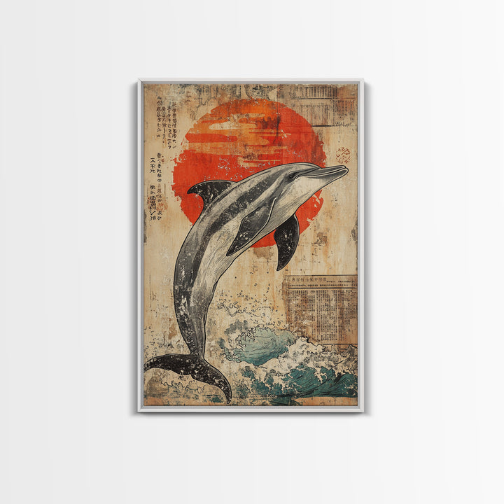 Leaping Dolphin Red Sun Wall Art, Japanese Ocean Print, Nautical Coastal Decor, Sea Life Artwork, Bathroom Canvas Print Gift