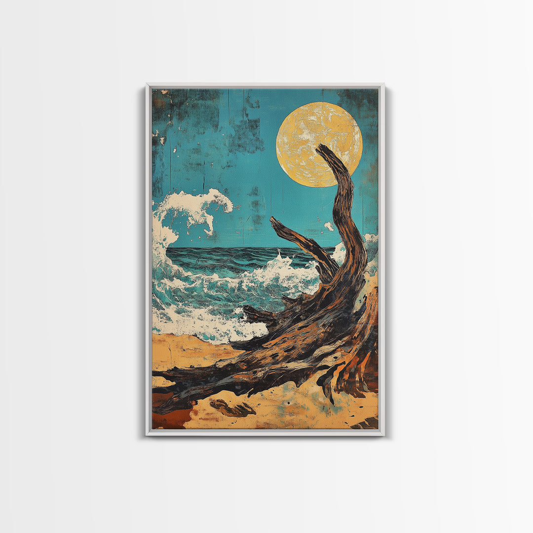 Driftwood Moonlit Ocean Waves Canvas Print, Japanese Coastal Wall Decor, Beach House Art, Teal Nautical Living Room Decor