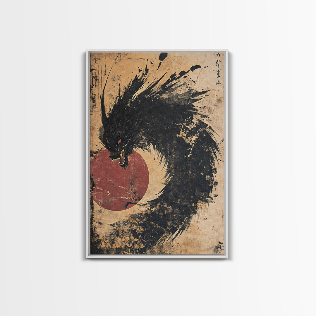 Black Ink Dragon Red Sun Canvas Print, Dark Japanese Wall Art, Fantasy Gothic Decor, Samurai Inspired Statement Artwork Print