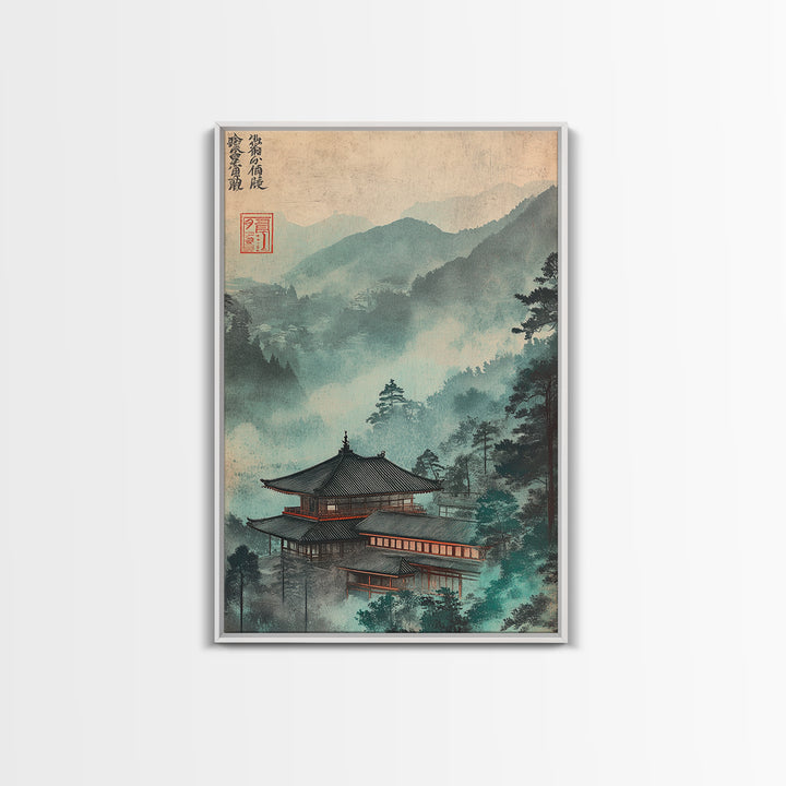 Misty Japanese Temple In Teal Mountains Wall Art, Asian Landscape Print, Japandi Decor, Zen Home Decor, Living Room Wall Art
