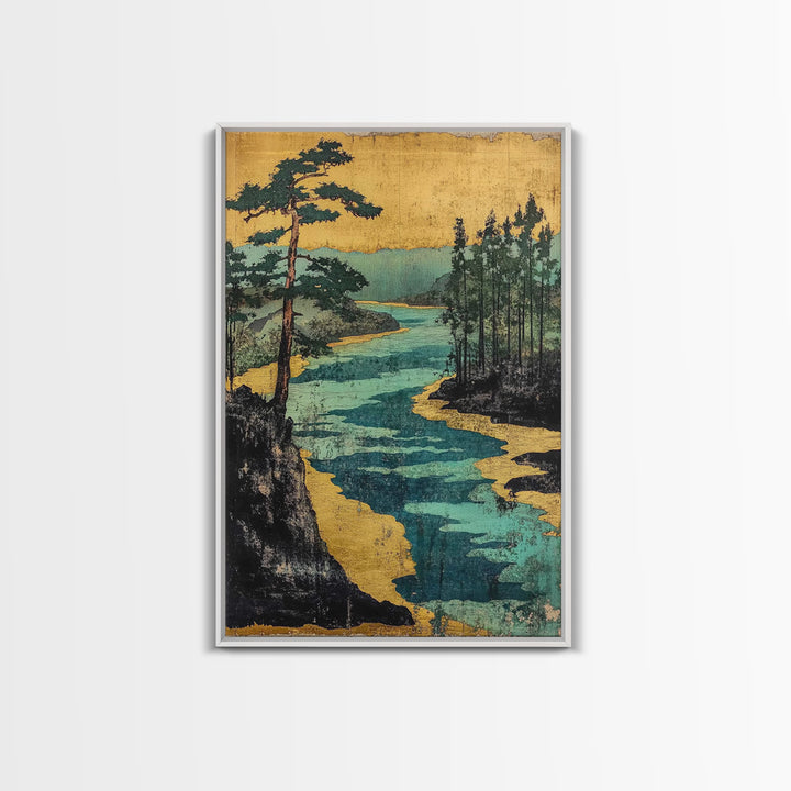 Gold River And Pine Forest Canvas Print, Japanese Landscape Art, Asian Wall Decor, Japandi Style Art, Serene Living Room Decor