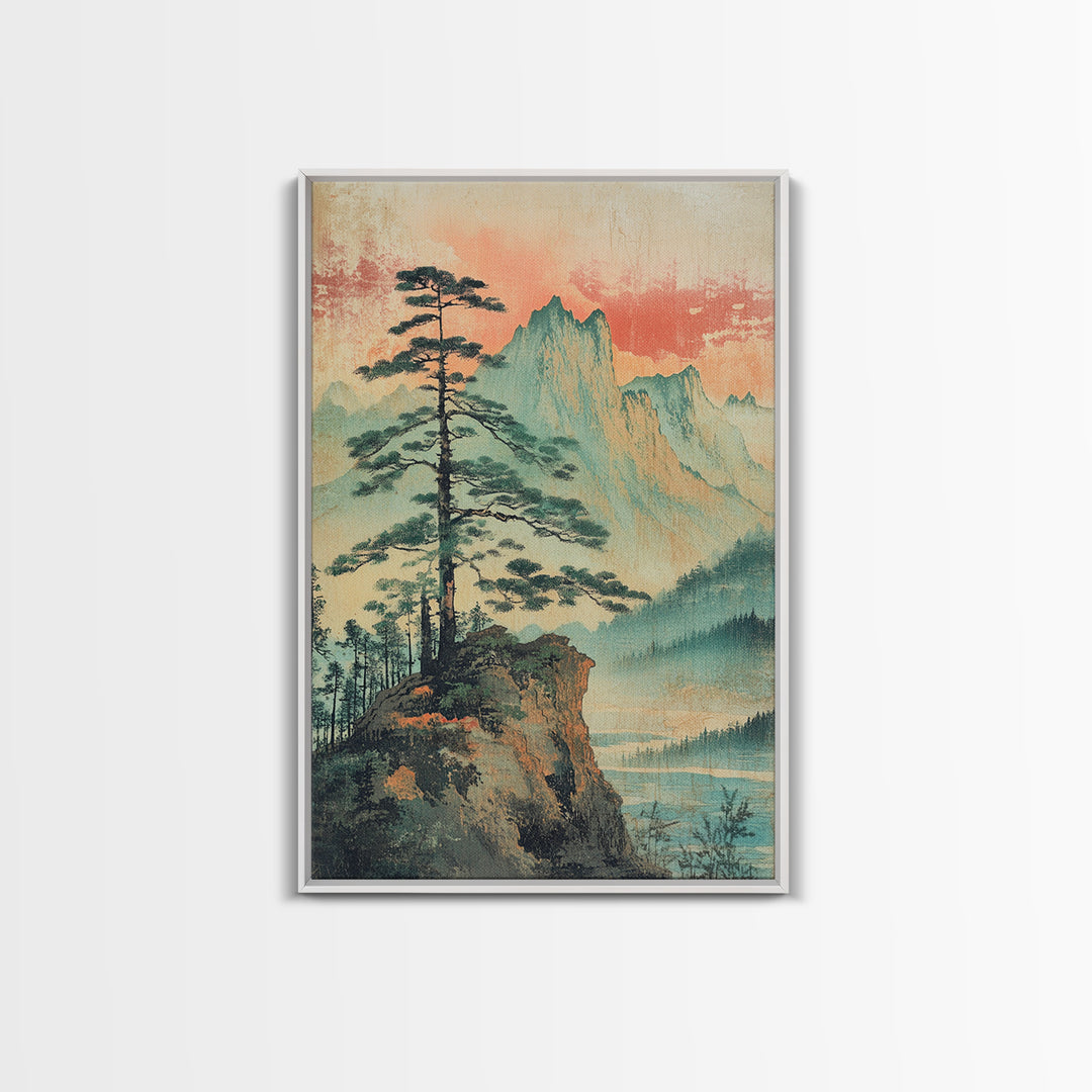 Misty Pine Cliff And Mountain Lake Wall Art, Japanese Landscape Print, Nature Wall Art, Serene Wall Art, Japandi Home Decor
