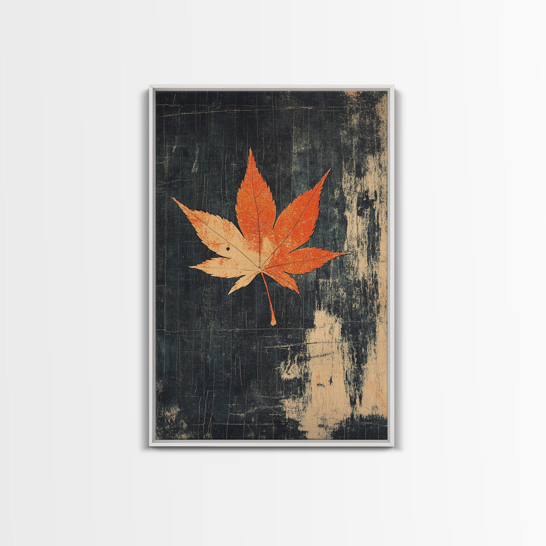 Orange Maple Leaf On Dark Texture Canvas Print, Autumn Wall Art, Botanical Print, Minimalist Decor, Nature Wall Art, Fall Decor