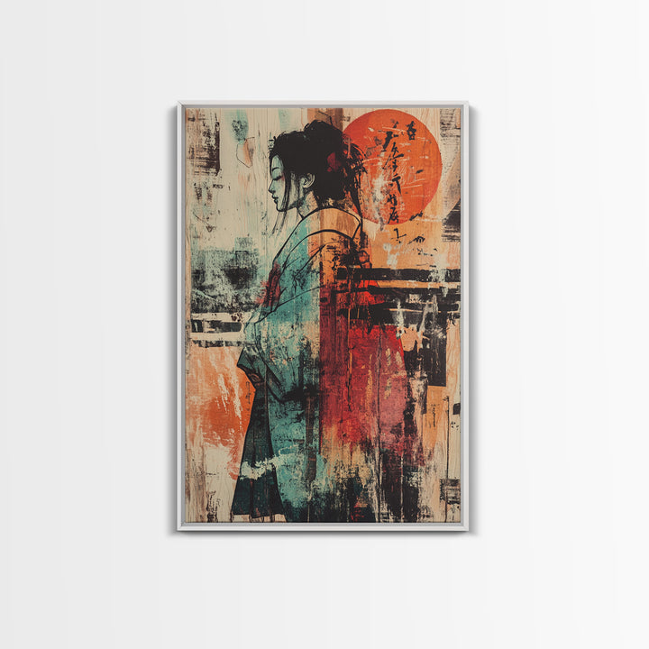Abstract Kimono Woman With Red Sun Wall Art, Japanese Wall Art, Asian Inspired Decor, Feminine Wall Art, Modern Portrait Print