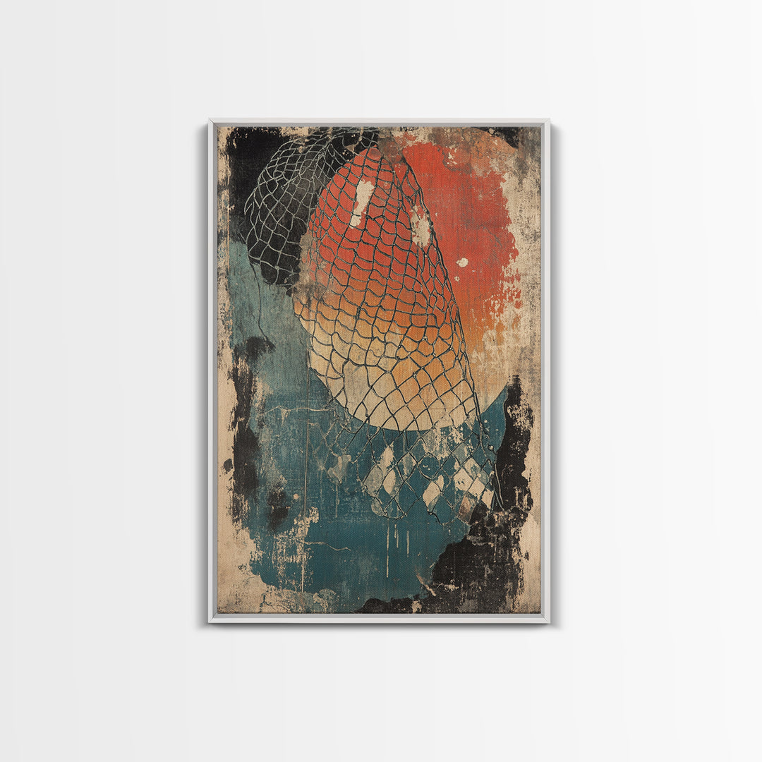 Fishing Net Abstract Wall Art, Red Sun Coastal Canvas Print, Nautical Wall Decor, Modern Rustic Home Decor, Beach House Decor