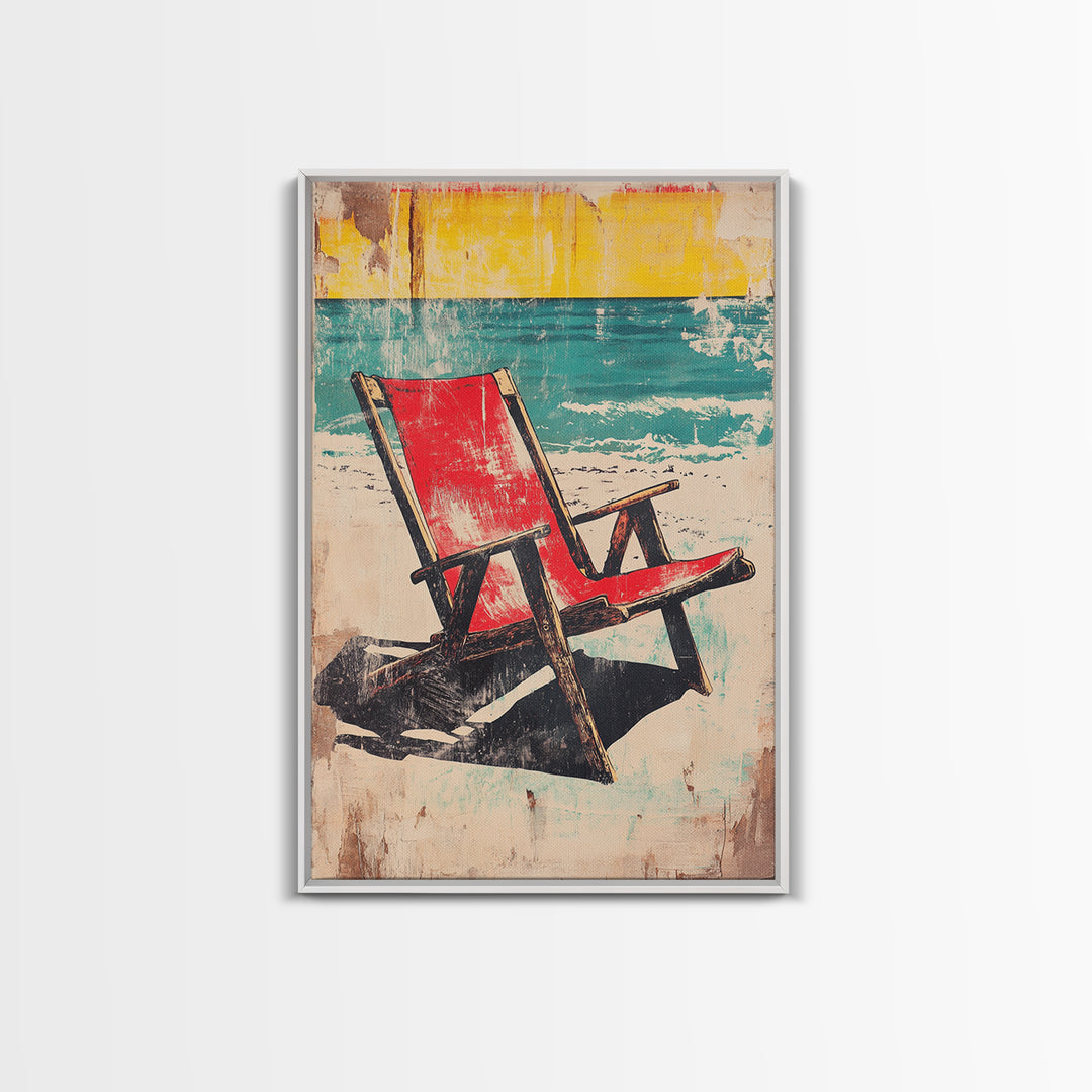 Red Beach Chair Wall Art, Turquoise Ocean Canvas Print, Retro Coastal Decor, Summer Beach House Gift For Her, Living Room Decor