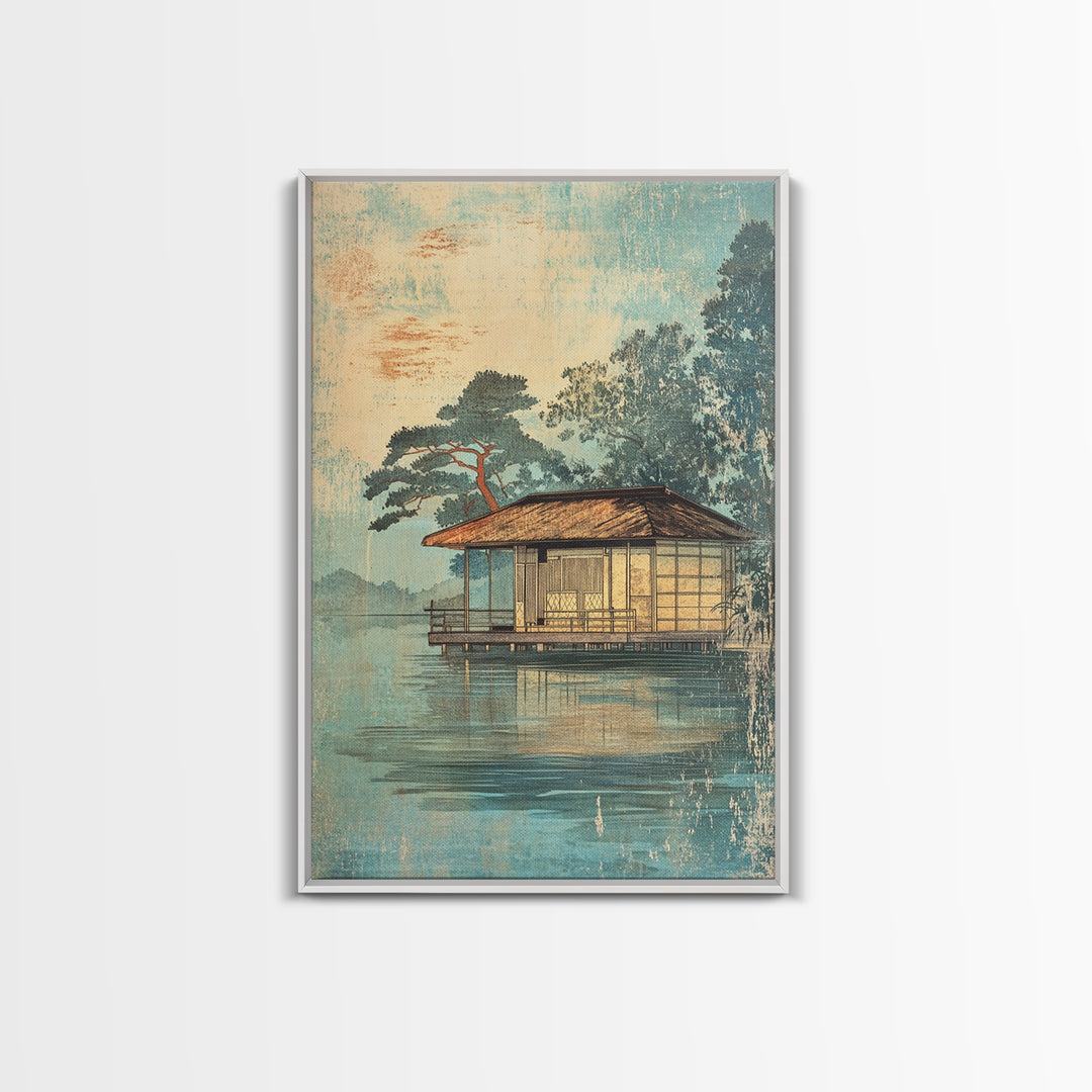 Misty Lakeside House Wall Art, Serene Japanese Landscape Canvas Print, Japandi Lake Decor, Neutral Living Room Art, Zen Home Decor