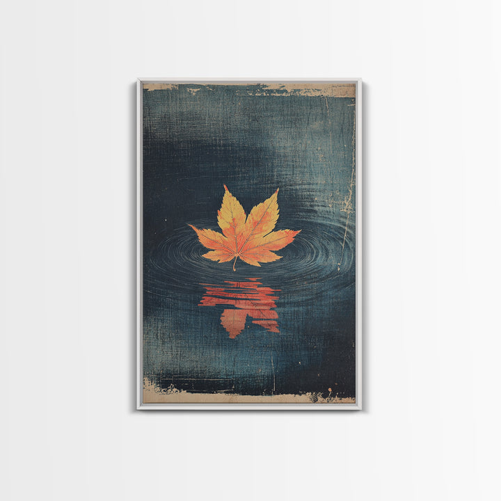 Floating Maple Leaf Wall Art, Dark Water Reflection Canvas Print, Japanese Autumn Decor, Minimalist Nature Art, Japandi Wall Decor