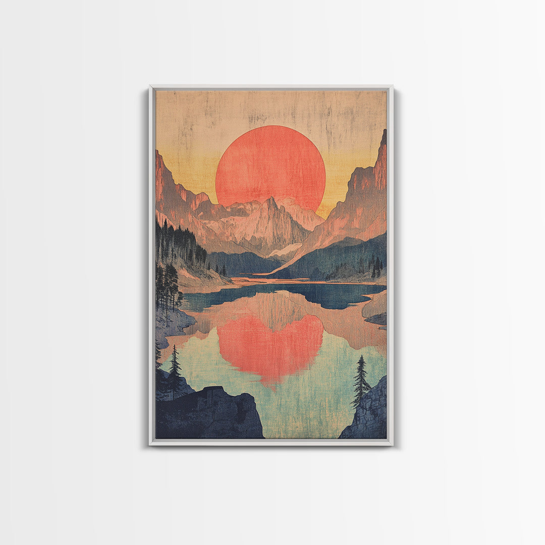 Red Sun Mountain Lake Wall Art, Japanese Landscape Print, Retro Nature Poster, Scenic Living Room Decor, Large Canvas Art