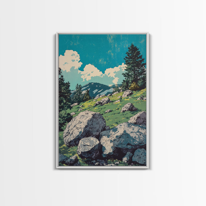 Alpine Meadow Boulder Wall Art, Mountain Landscape Print, Rustic Cabin Decor, Nature Poster, Large Canvas Art For Living Room