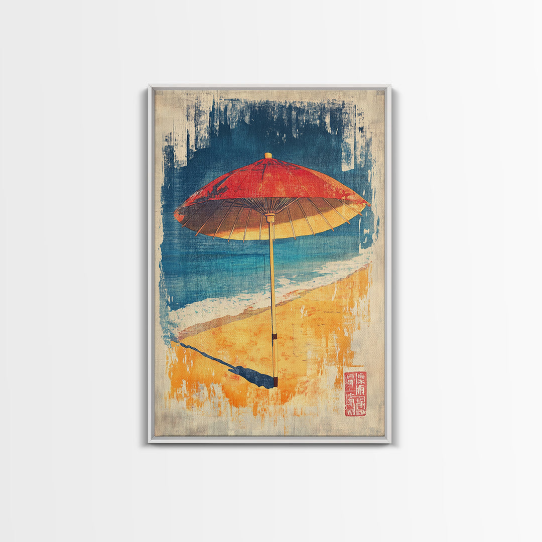 Red Beach Umbrella Canvas Print, Coastal Wall Art, Summer Beach House Decor, Tropical Ocean Poster, Bright Bathroom Wall Decor