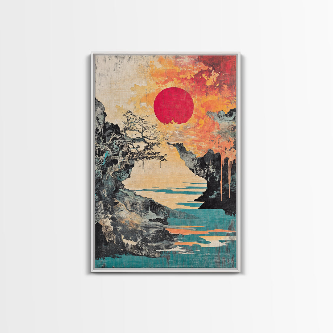 Dramatic Rocky Cove Sunset Red Sun Canvas Print, Japanese Mountain Landscape Art, Coastal Wall Decor, Modern Japandi Living Room Art