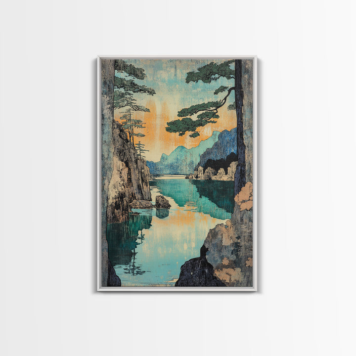 Turquoise Mountain Lake And Pine Cliffs Wall Art, Japanese Landscape Print, Serene Nature Decor, Japandi Calming Bedroom Art