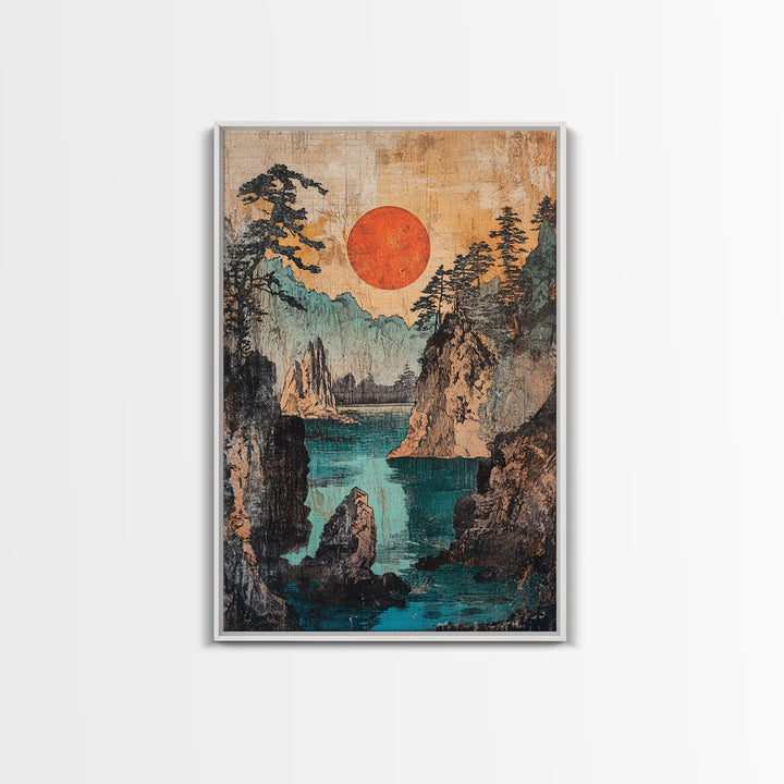 Red Sun Over Rugged Mountain Cove Framed Canvas Print, Japanese Landscape Art, Coastal Wall Decor, Large Living Room Art