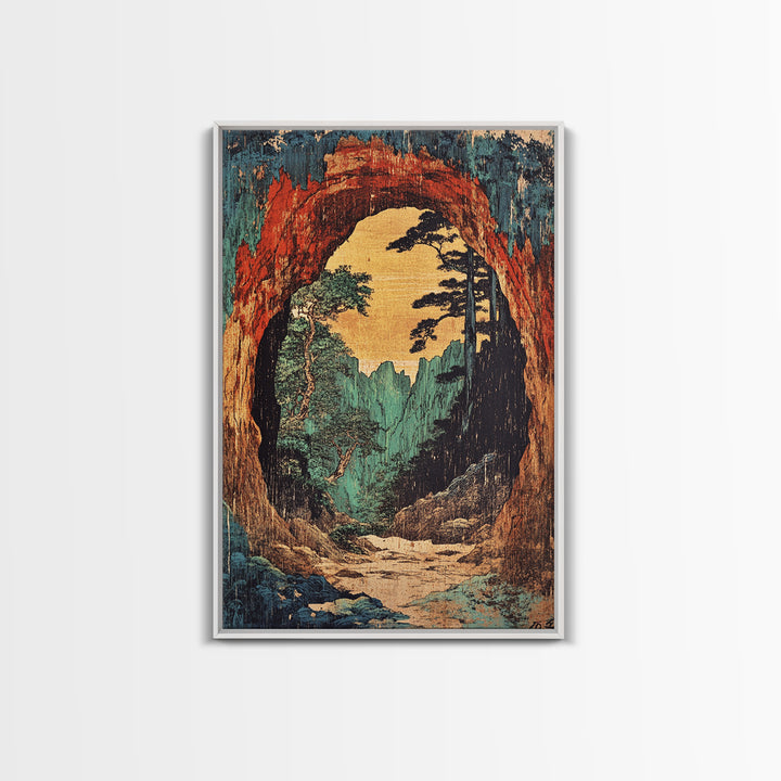 Cave Arch Forest Path And Mountain View Wall Art, Japanese Woodblock Style Print, Rustic Japandi Decor, Statement Artwork