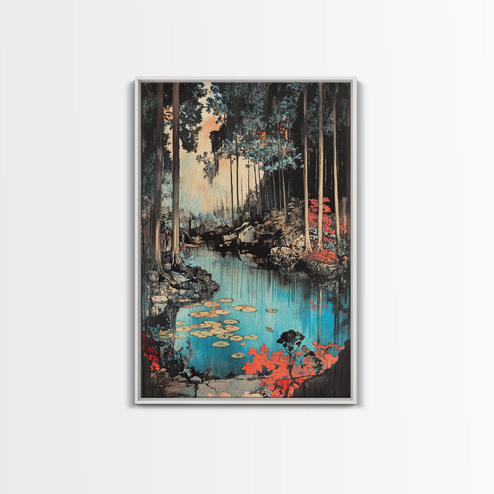 Forest Pond With Lily Pads And Red Foliage Canvas Print, Japanese Nature Wall Art, Moody Woodland Wall Decor For Bedroom