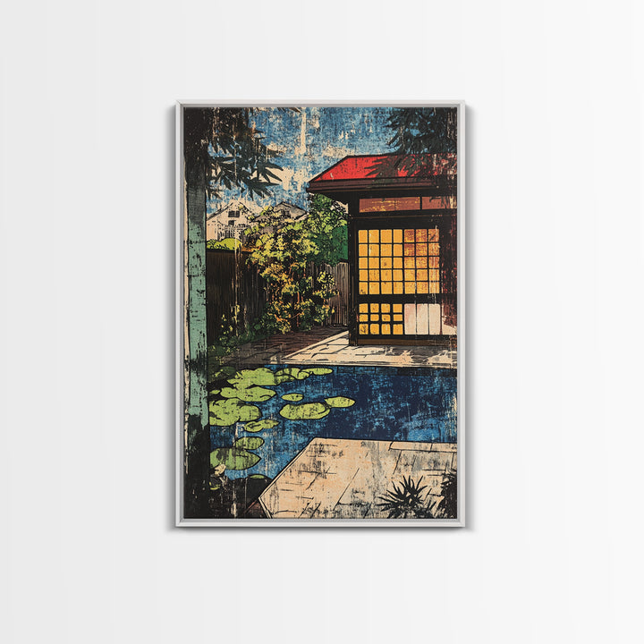 Japanese Tea House By Koi Pond And Glowing Garden Wall Art, Japandi Canvas Print, Zen Home Decor, Serene Living Room Decor