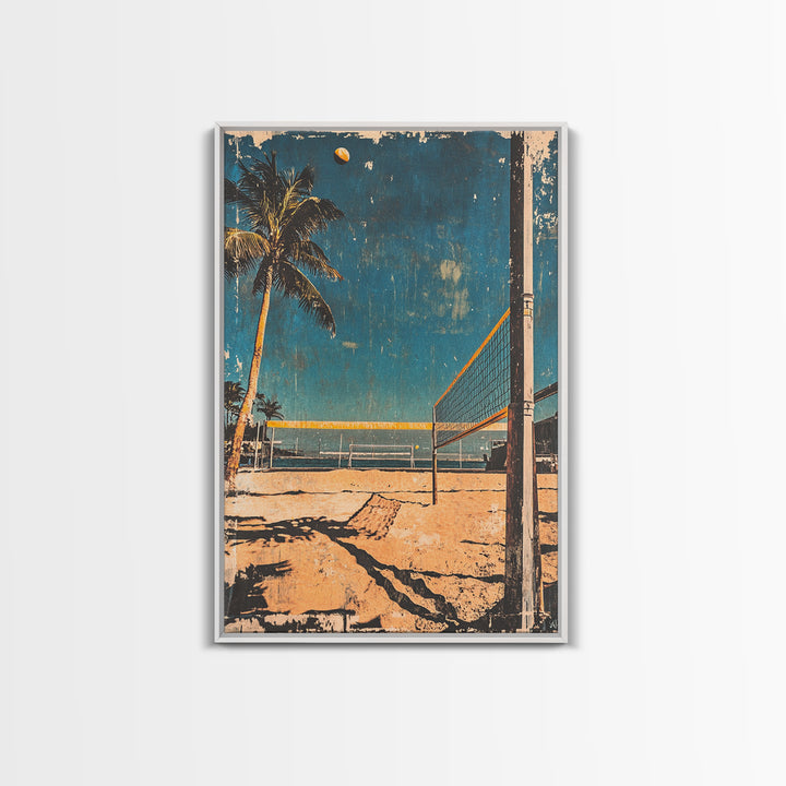 Beach Volleyball Court With Palm Tree And Ocean Wall Art, Tropical Coastal Canvas Print, Summer Decor For Modern Beach House