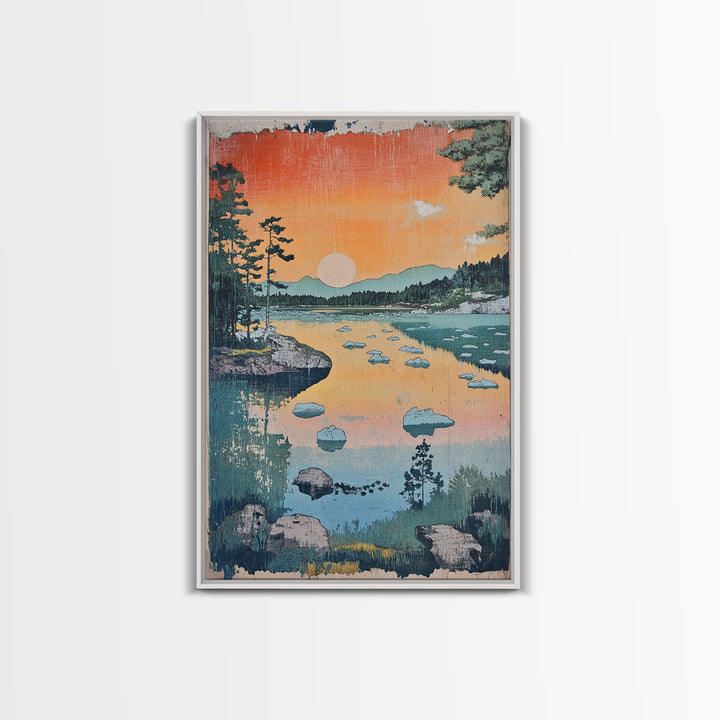 Orange Sunset Lake Landscape Canvas Print, Mountain Wall Art, Japandi Nature Print, Cabin Decor, Living Room Wall Art, Housewarming Gift