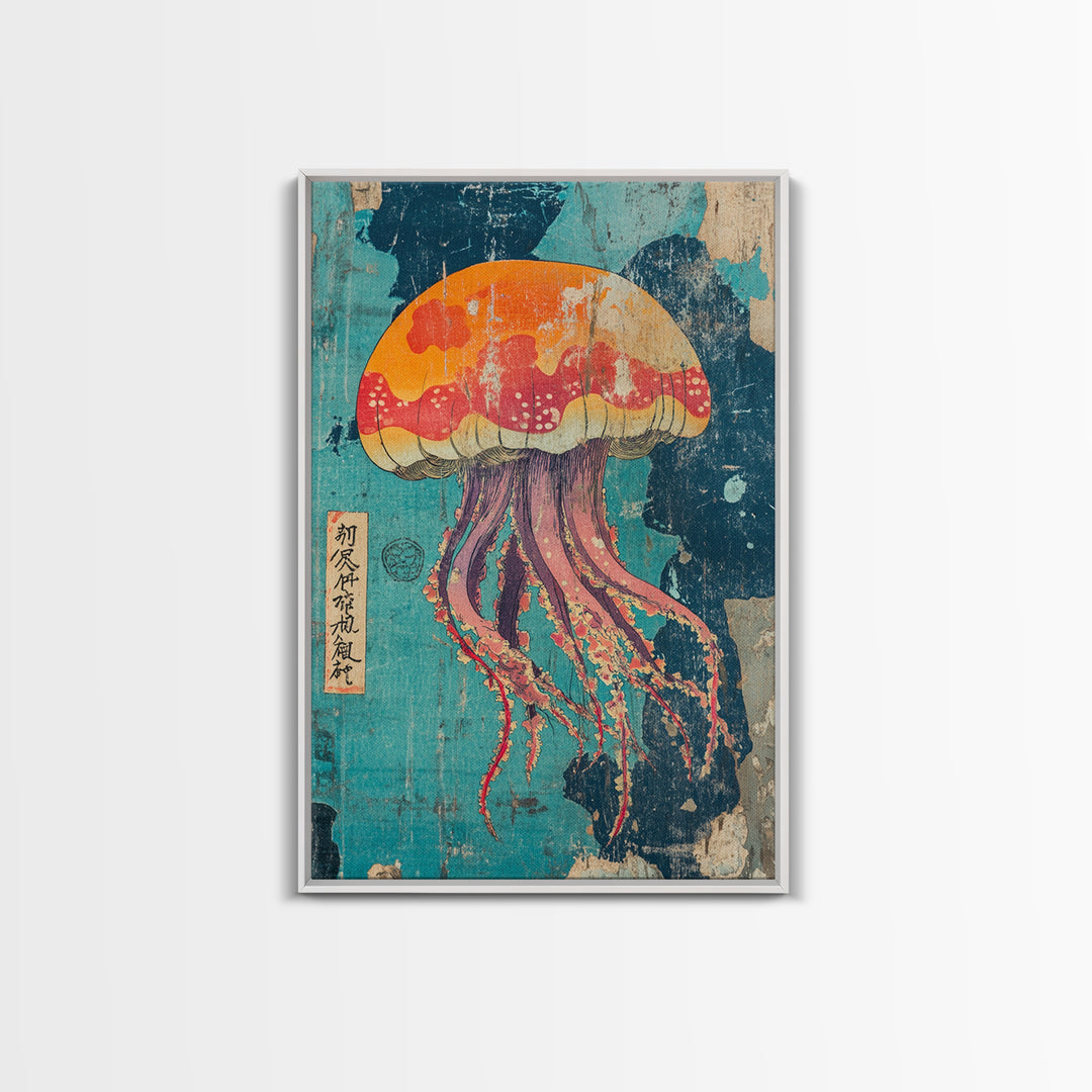 Vibrant Jellyfish In Teal Sea Wall Art, Japanese Marine Life Canvas Print, Nautical Bathroom Decor, Colorful Ocean Art Print