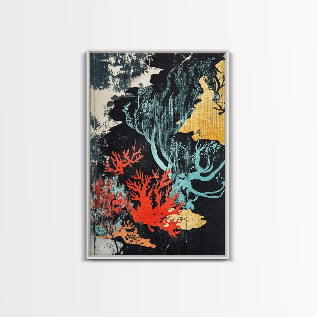 Red Coral And Teal Seaweed Wall Art, Japanese Ocean Canvas Print, Coastal Bathroom Decor, Abstract Marine Life Art Print