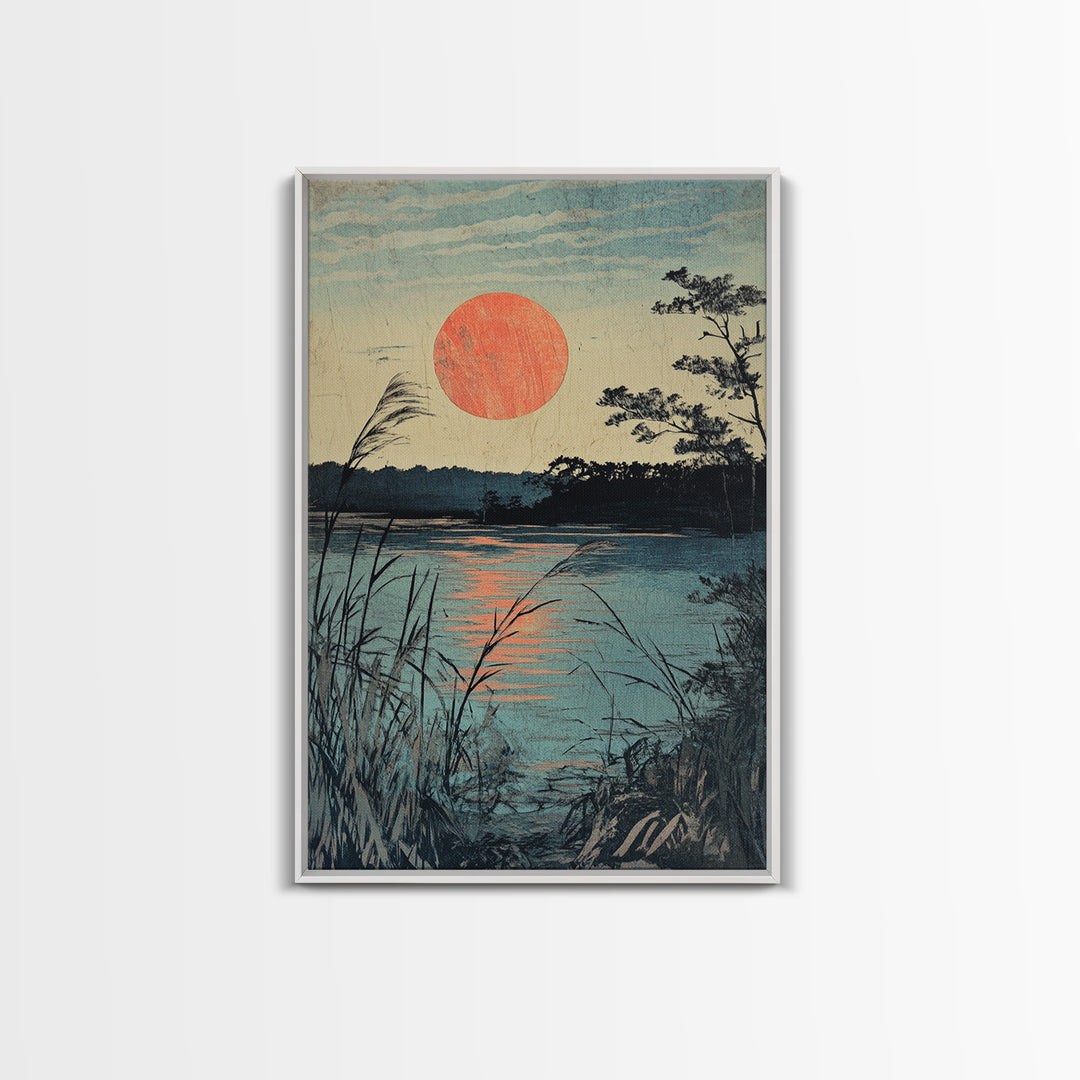 Quiet Lake Sunset With Reeds Wall Art, Japanese Landscape Canvas Print, Tranquil Coastal Decor, Serene Nature Fine Art Print
