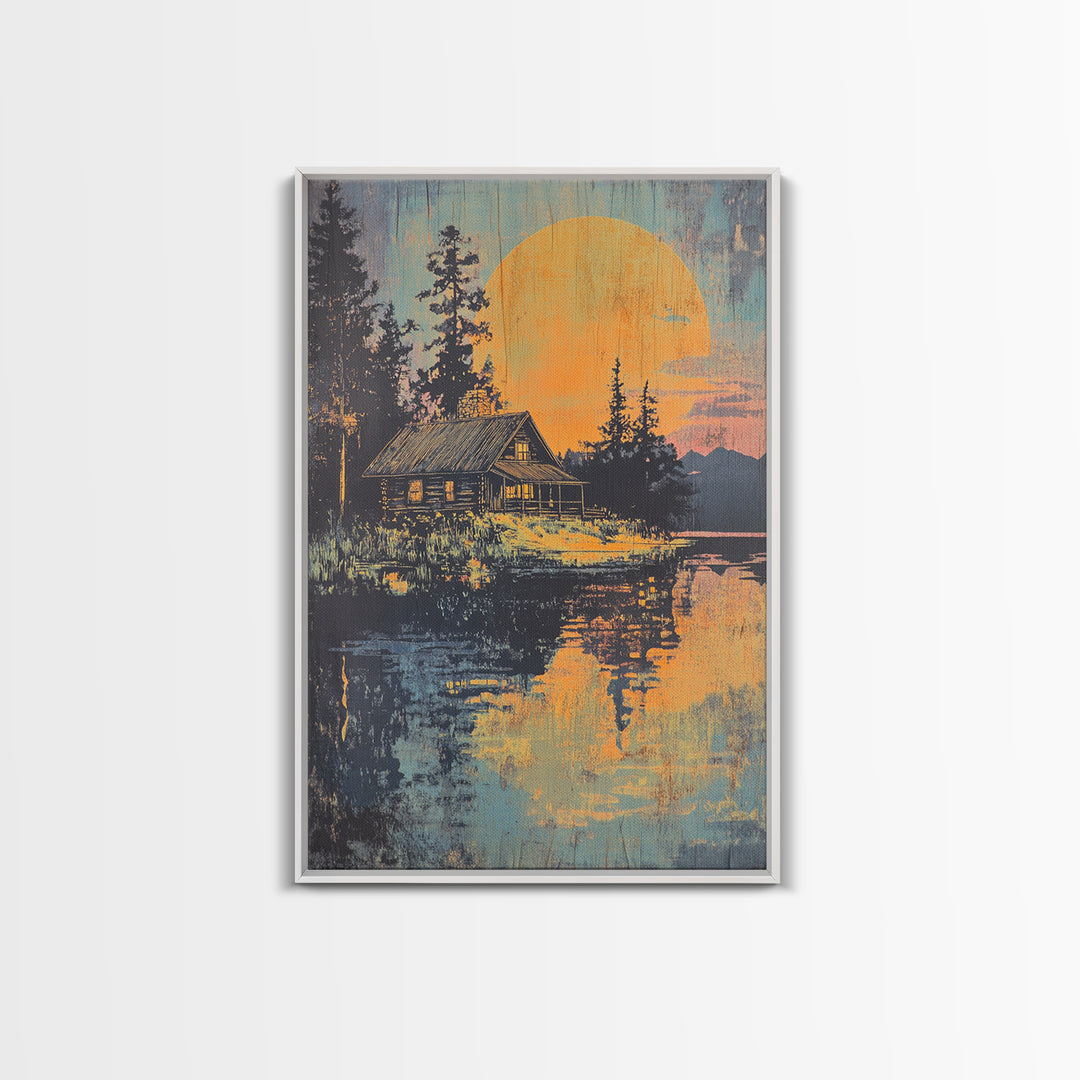 Moonlit Cabin Lake Wall Art, Forest Reflection Canvas Print, Rustic Landscape Poster, Cozy Lodge Living Room Decor, Home Decor