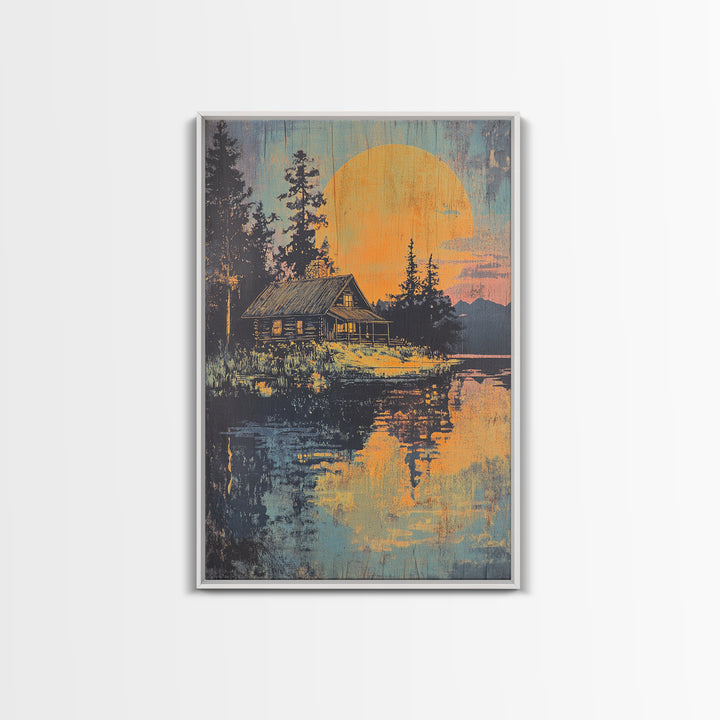 Moonlit Cabin Lake Wall Art, Forest Reflection Canvas Print, Rustic Landscape Poster, Cozy Lodge Living Room Decor, Home Decor