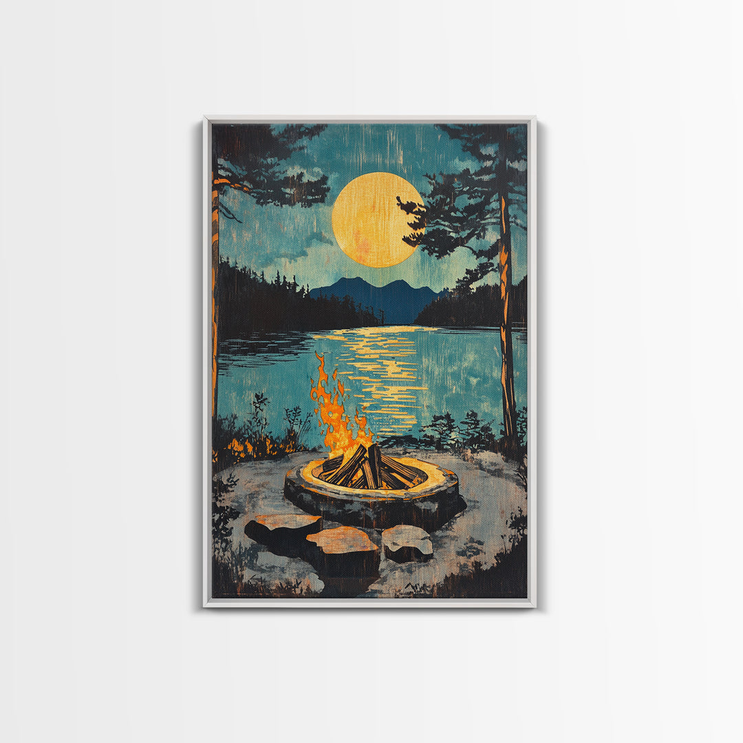 Campfire Moon Lake Canvas Print, Rustic Cabin Wall Art, Forest Landscape Poster, Cozy Camping Decor Gift For Him, Man Cave Decor