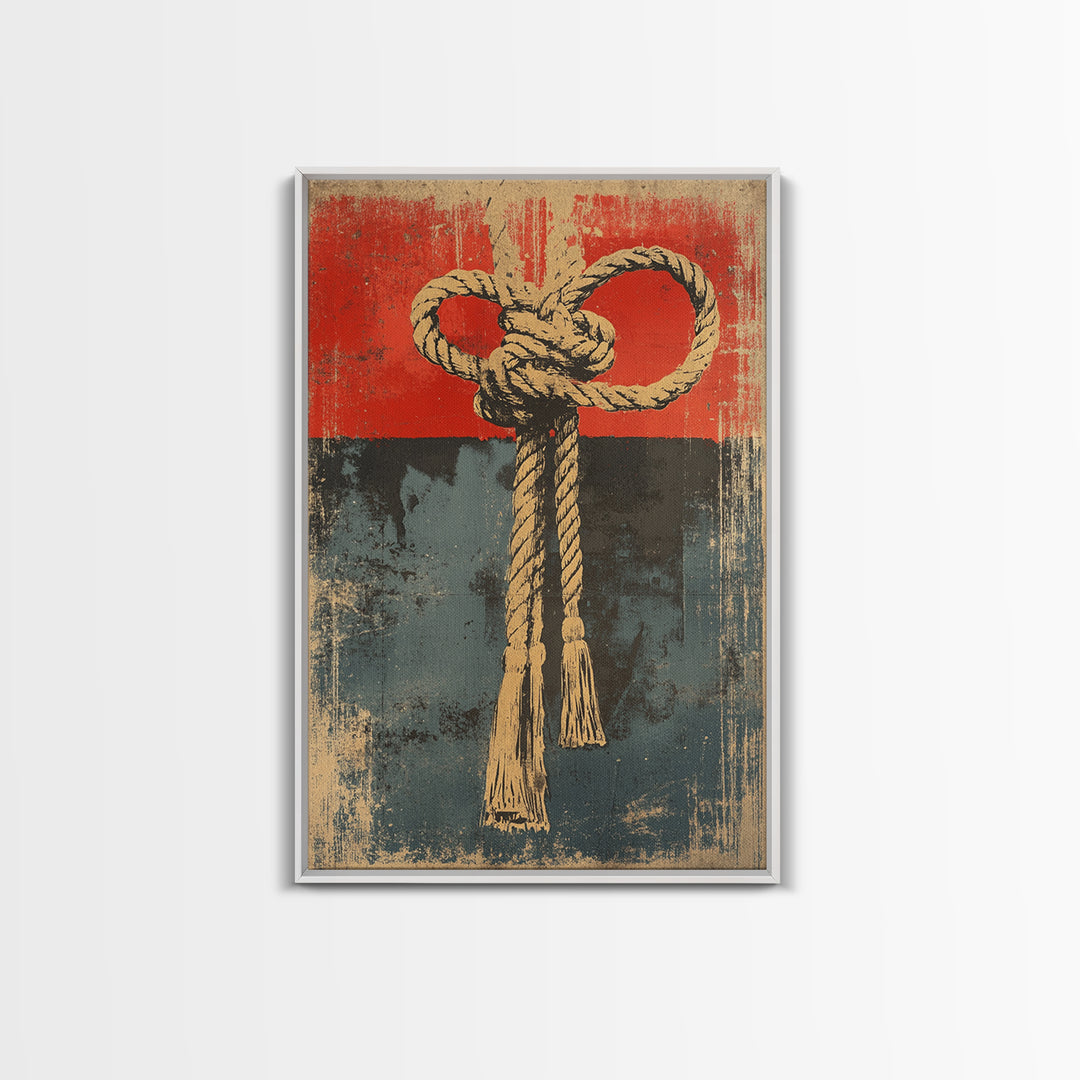 Nautical Rope Knot Canvas Print, Rustic Red And Blue Coastal Wall Decor, Maritime Art Print For Beach House And Man Cave