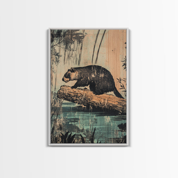 Black Bear On Log Wall Art, Rustic Wildlife Painting Style, Woodland Animal Decor, Cabin Nature Art Print For Living Room