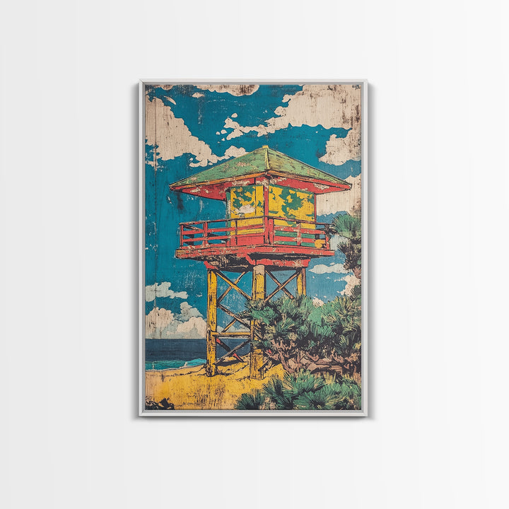 Colorful Beach Lifeguard Tower Wall Art, Retro Coastal Travel Poster, Tropical Ocean Decor, Summer Beach House Art Print