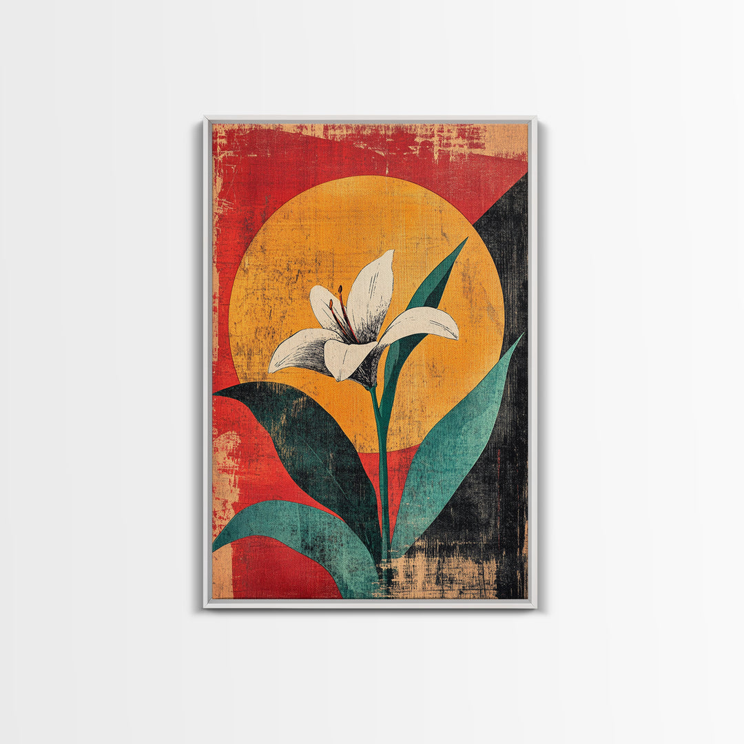 White Lily Flower Canvas Print, Bold Red Yellow Botanical Wall Decor, Mid Century Floral Art Print For Modern Living Room