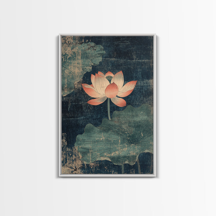 Pink Lotus Pond Wall Art, Dark Teal Botanical Canvas Print, Zen Water Lily Decor, Asian Inspired Spa And Meditation Room