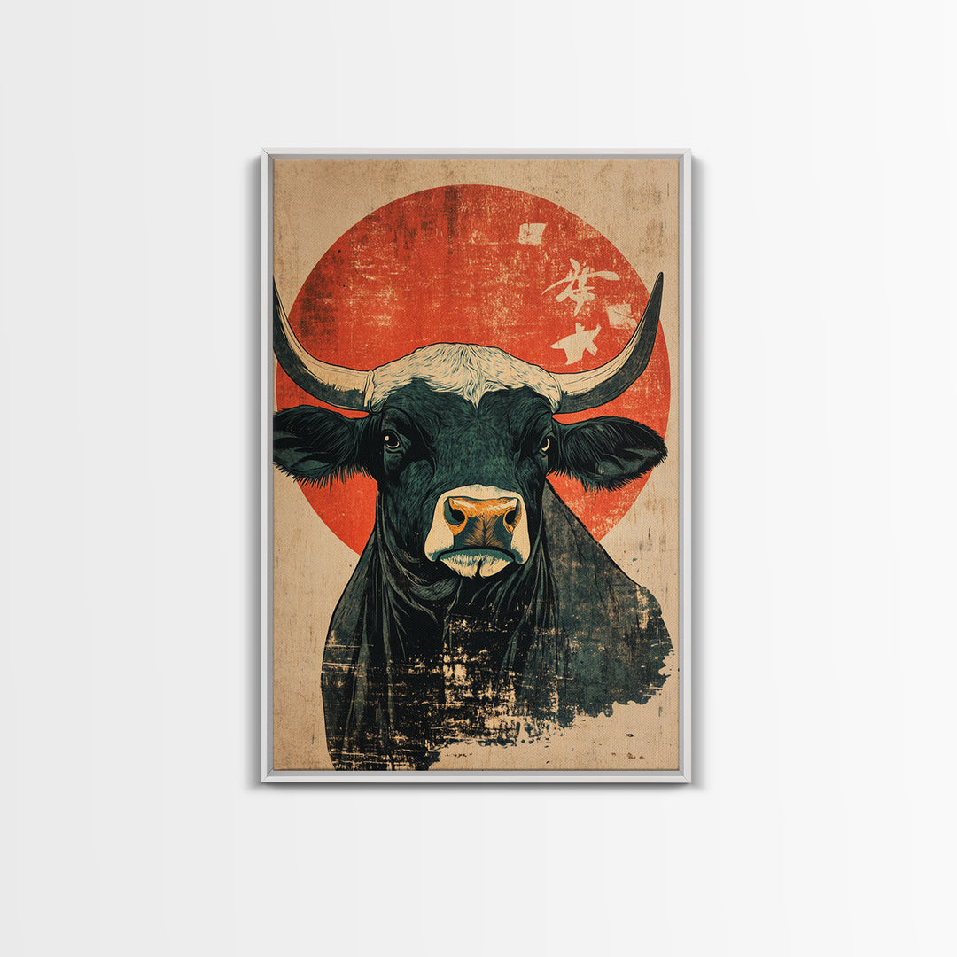 Black Bull Red Sun Canvas Print, Rustic Farm Animal Wall Art, Western Japandi Decor, Bold Kitchen Art, Housewarming Gift
