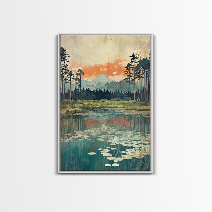 Mountain Lake Lily Pads Framed Canvas Print, Serene Landscape Wall Art, Japandi Nature Decor, Living Room Home Decor, Office Wall Art
