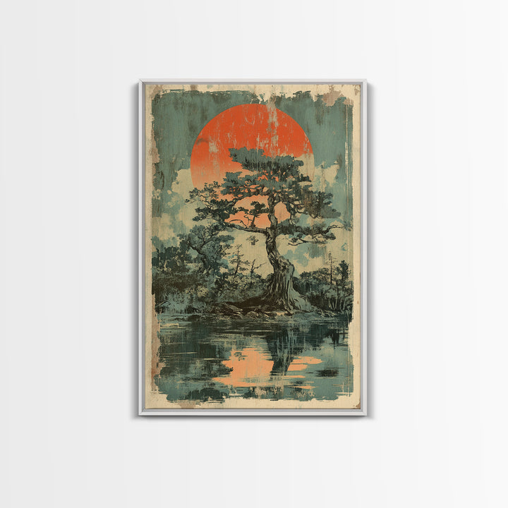 Pine Tree Island Red Sun Wall Art, Moody Japanese Landscape Print, Japandi Lake Decor, Serene Nature Framed Canvas Print